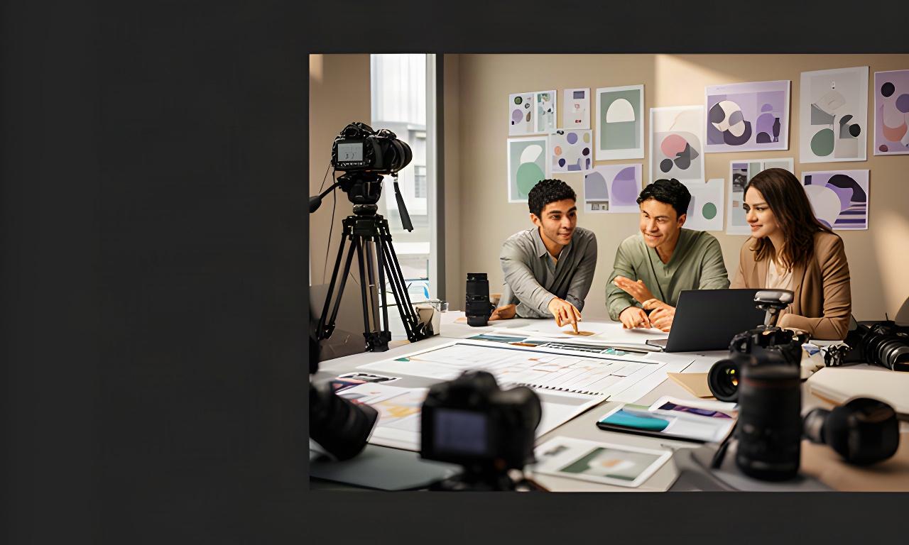 Creative team reviewing a campaign timeline beside cameras, mood boards, and laptops in a Singapore studio