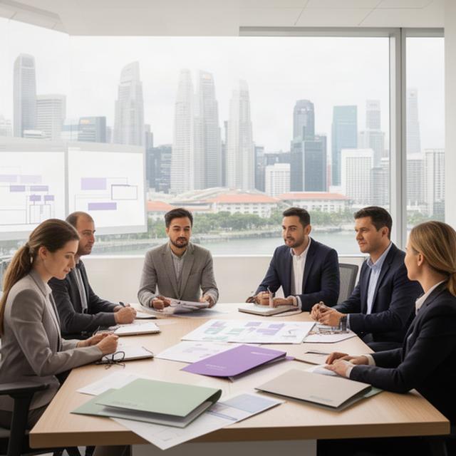 Organised Singapore office meeting room with professionals reviewing operations beside a softly visible city skyline