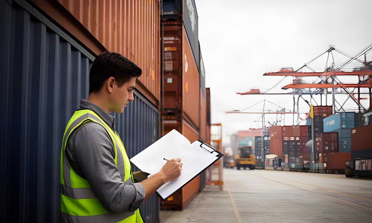 Operations coordinator reviewing shipment paperwork beside stacked freight containers at a Singapore port