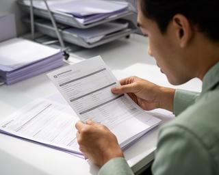 Kasirajan Dalupang checking compliance documents at a Singapore office desk