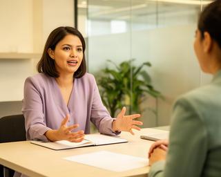 Nuri Sahana speaking with a small business client at a Singapore meeting table